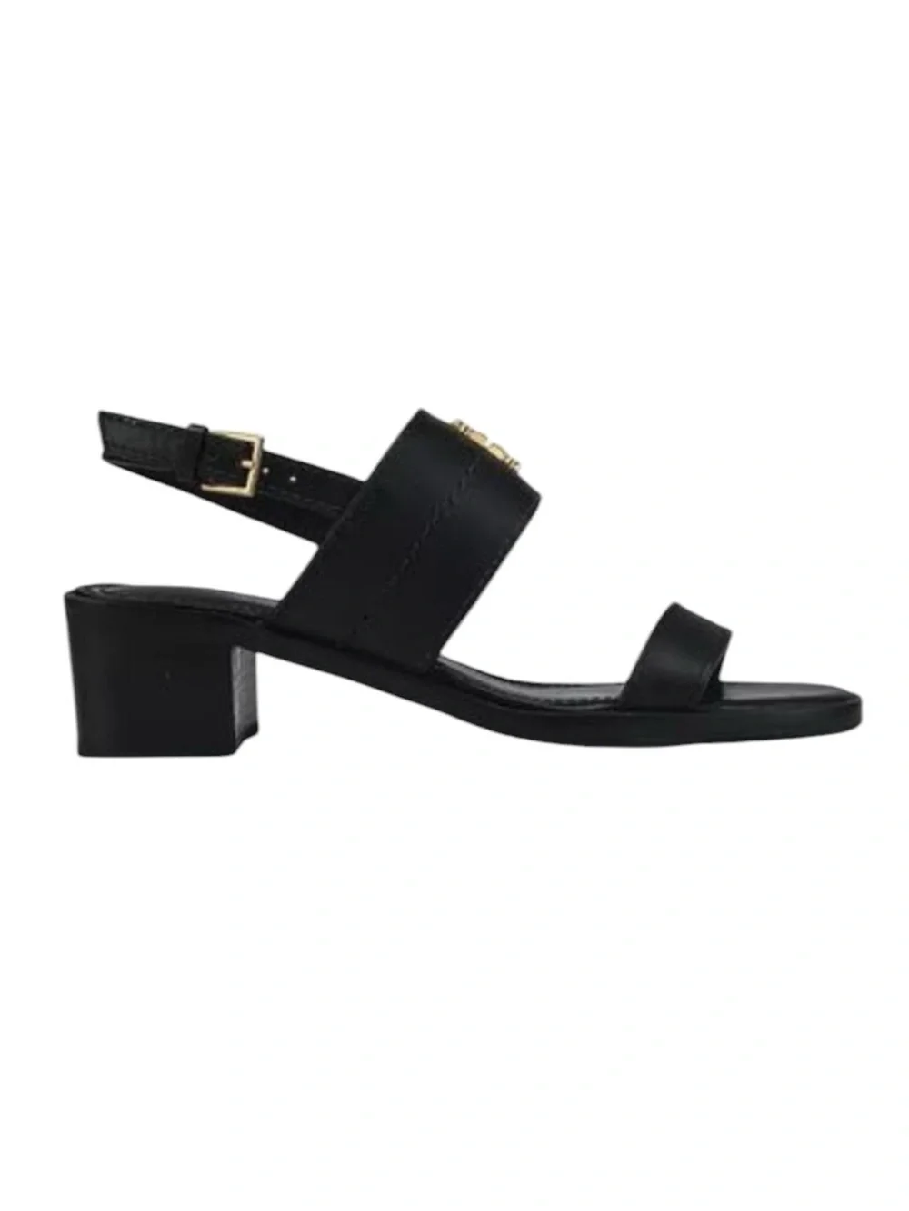 NEW Tory Burch Black Leather Everly Logo Slide Heel Sandals retail $295